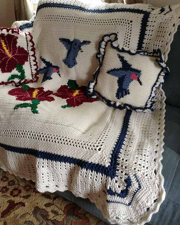 Hummers and Hibiscus Afghan and Pillows Crochet Pattern - Maggie's Crochet