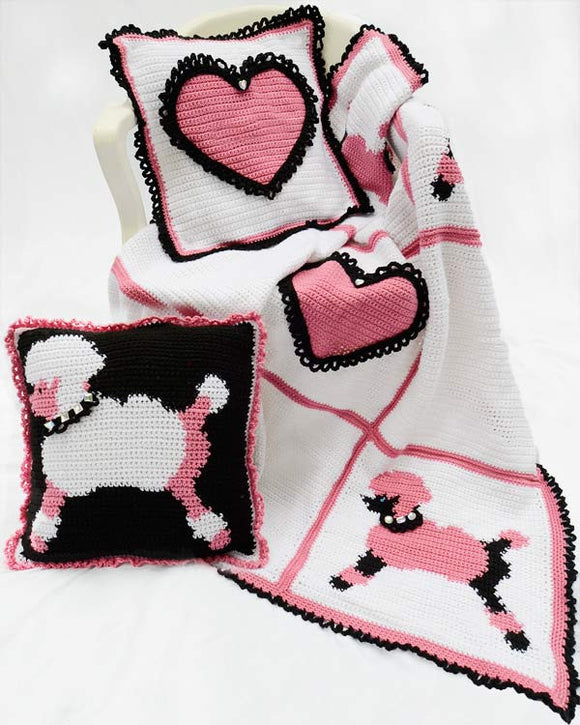 Poodles and Hearts Afghan and Pillows Crochet Pattern - Maggie's Crochet
