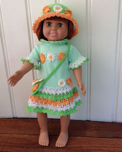18" Doll Flower Power T-Shirt Dress, Hat and Purse Crochet Pattern - Maggie's Crochet