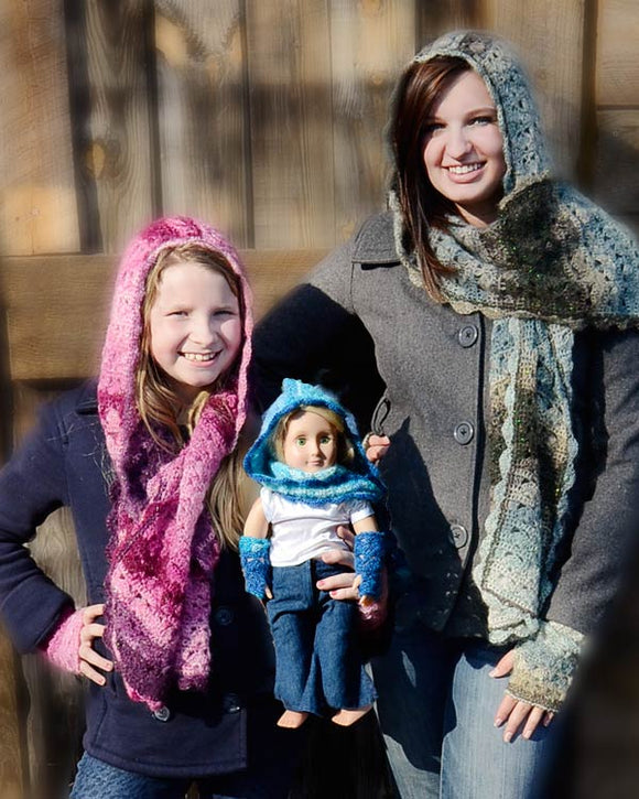 Hooded Scarves & Texting Mitts for Mommy, Me & Dolly Crochet Pattern